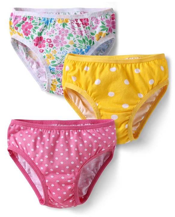 Babyhug 100% Cotton Knit Panties with Floral & Polka Dots Print Pack of 3 - Yellow Pink & White