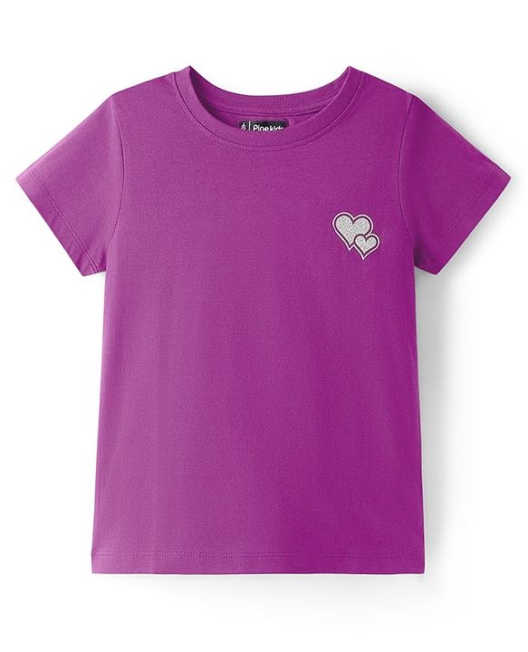 Pine Kids Cotton Knit Half Sleeves T-Shirt With Heart Print - Purple