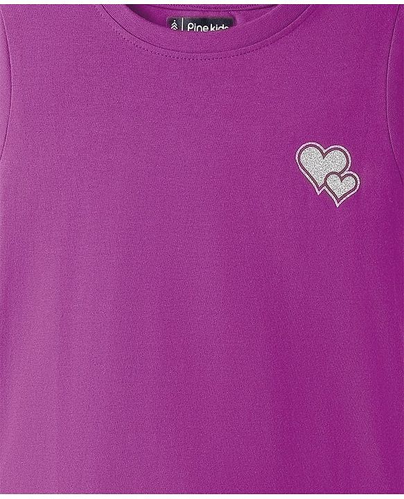 Pine Kids Cotton Knit Half Sleeves T-Shirt With Heart Print - Purple