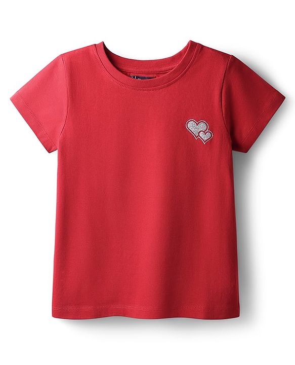 Pine Kids Cotton Knit Half Sleeves T-Shirt With Heart Print - Purple