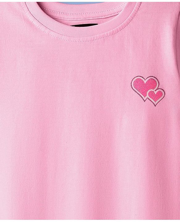 Pine Kids Cotton Knit Half Sleeves T-Shirt With Heart Print - Pink