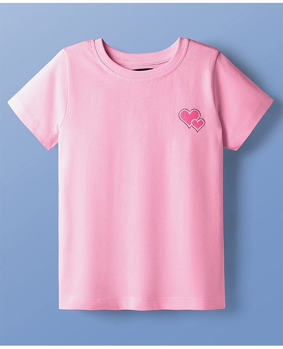 Pine Kids Cotton Knit Half Sleeves T-Shirt With Heart Print - Pink