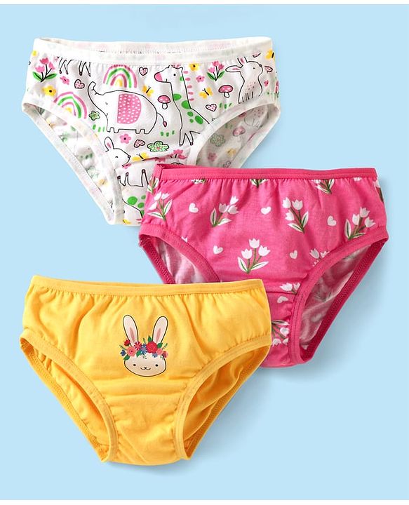 Babyhug 100% Cotton Panties With Floral & Animal Print Pack Of 3 - Dark Pink Yellow & White