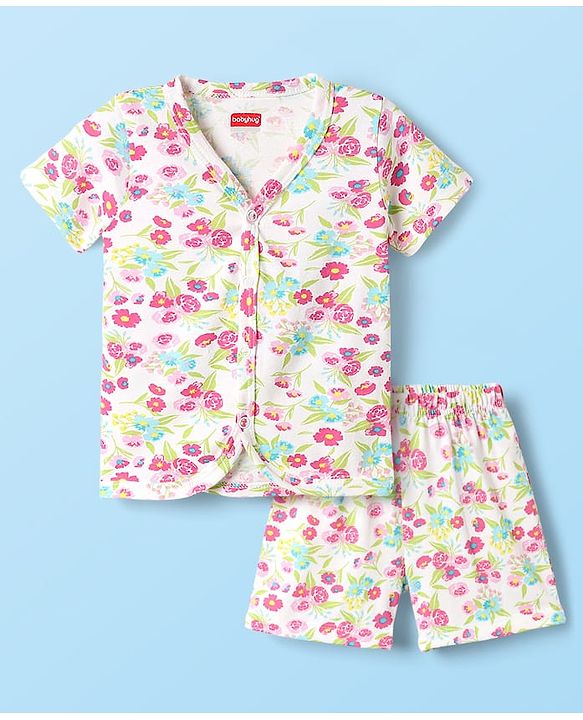 Babyhug Single Jersey Knit Half Sleeves Co-ords Top & Bottom Set With Floral Print - White