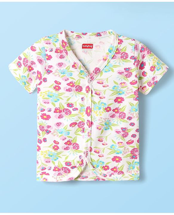 Babyhug Single Jersey Knit Half Sleeves Co-ords Top & Bottom Set With Floral Print - White