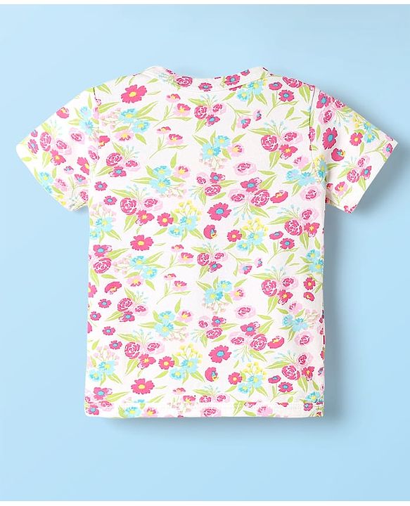 Babyhug Single Jersey Knit Half Sleeves Co-ords Top & Bottom Set With Floral Print - White
