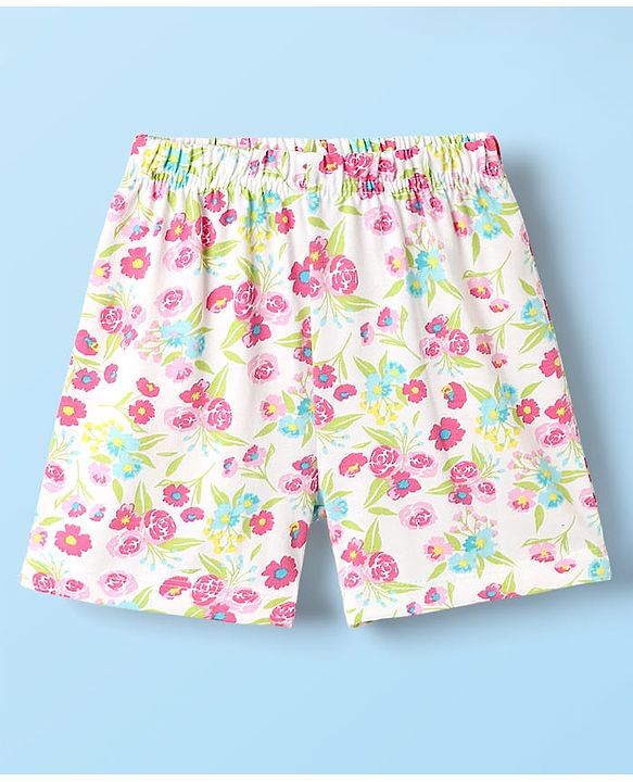 Babyhug Single Jersey Knit Half Sleeves Co-ords Top & Bottom Set With Floral Print - White