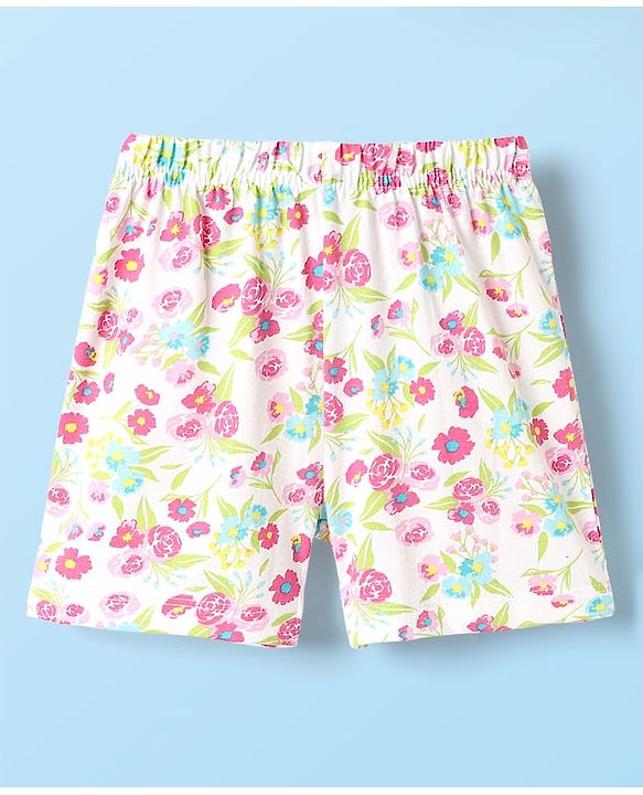 Babyhug Single Jersey Knit Half Sleeves Co-ords Top & Bottom Set With Floral Print - White