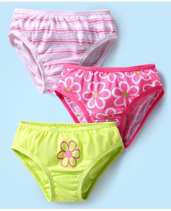 Babyhug 100% Cotton Single Jersey Knit Panties With Stripes & Floral Print Pack Of 3 - Lime & Pink