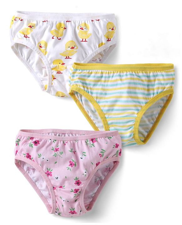 Babyhug 100% Cotton Knit Striped Panties with Floral &  Duck Print Pack of 3 - Pink & White