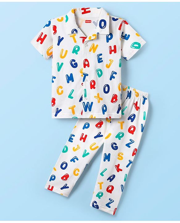 Babyhug Cotton Knit Half Sleeves Co-ords Front Open Night Suit With Alphabet Print - White