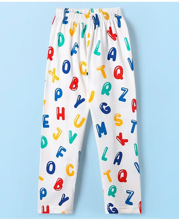 Babyhug Cotton Knit Half Sleeves Co-ords Front Open Night Suit With Alphabet Print - White