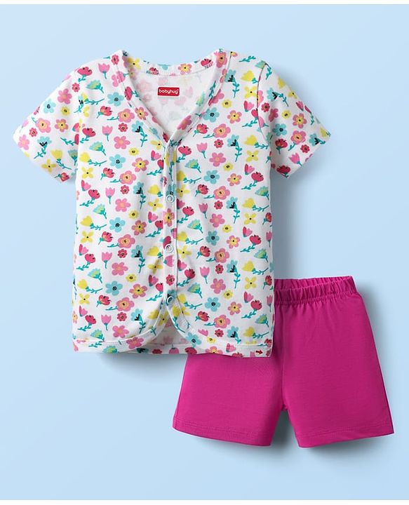 Babyhug Single Jersey Knit Half Sleeves Top & Bottom Set With Floral Print - White & Pink