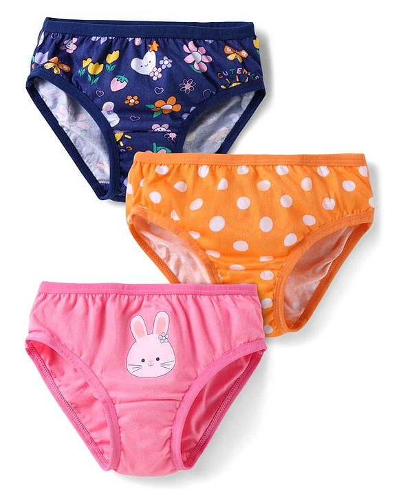 Babyhug 100% Cotton Single Jersey Knit Panties With Polka Dot & Floral Print Pack Of 3 - Orange Navy Blue & Pink