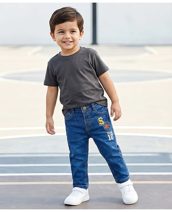 Babyhug Denim Full Length Washed Jeans With Stretch & Text Embroidery - Blue