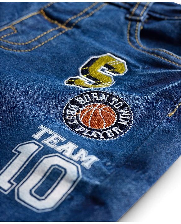 Babyhug Denim Full Length Washed Jeans With Stretch & Text Embroidery - Blue