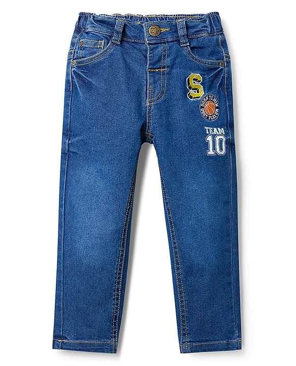 Babyhug Denim Full Length Washed Jeans With Stretch & Text Embroidery - Blue