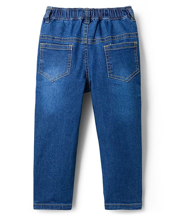 Babyhug Denim Full Length Washed Jeans With Stretch & Text Embroidery - Blue