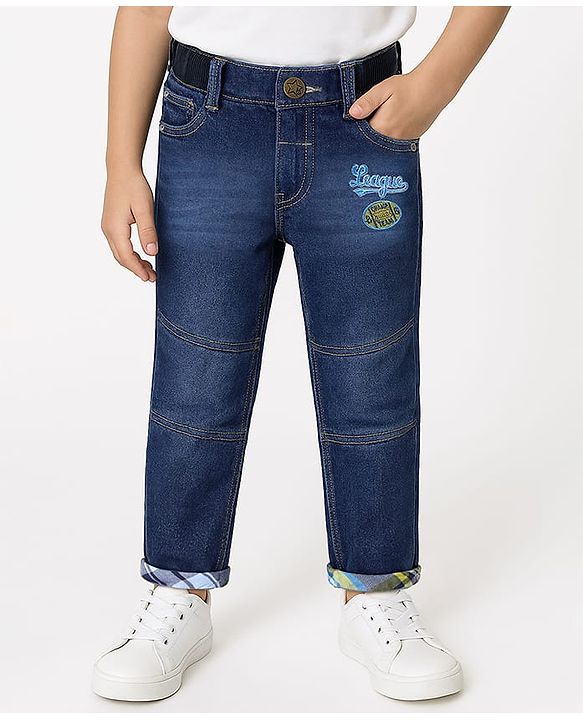 Babyhug Full Length Washed Denim Jeans With Text Embroidery & Stretch - Blue