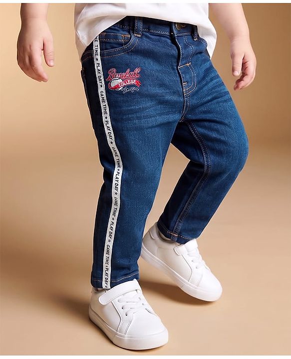 Babyhug Full Length Denim Jeans With Stretch & Tape Detailing - Blue