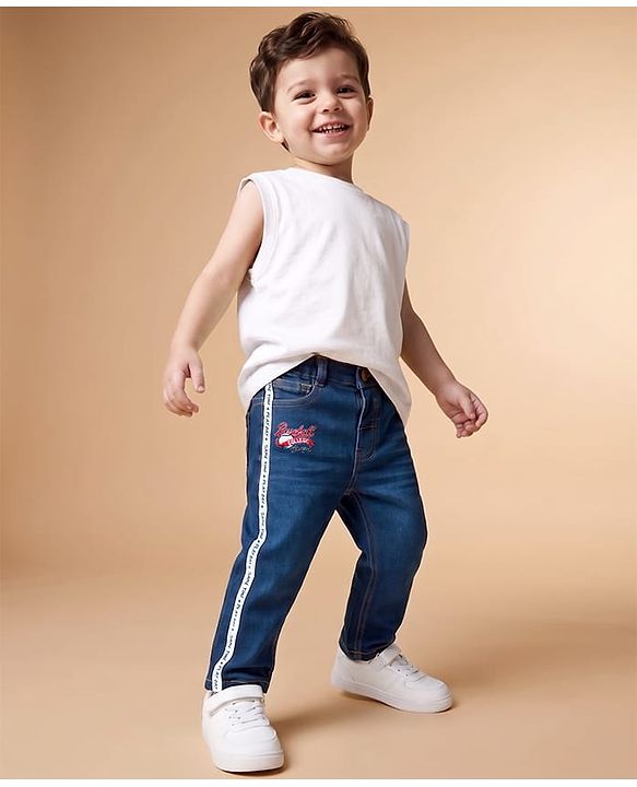 Babyhug Full Length Denim Jeans With Stretch & Tape Detailing - Blue