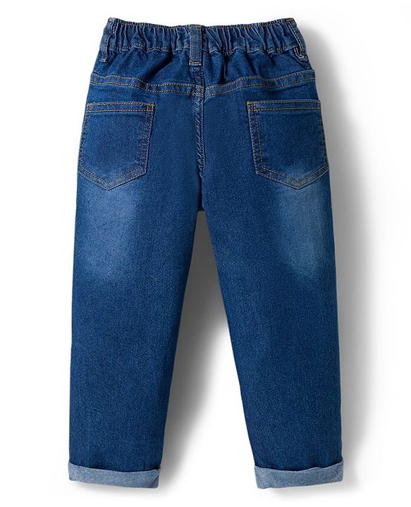 Babyhug Full Length Denim Jeans With Stretch & Text Embroidery - Blue