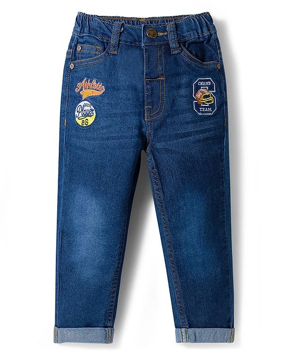 Babyhug Full Length Denim Jeans With Stretch & Text Embroidery - Blue