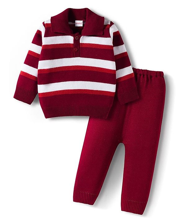 Babyhug Knitted Full Sleeves Striped Sweater Set - Maroon & White