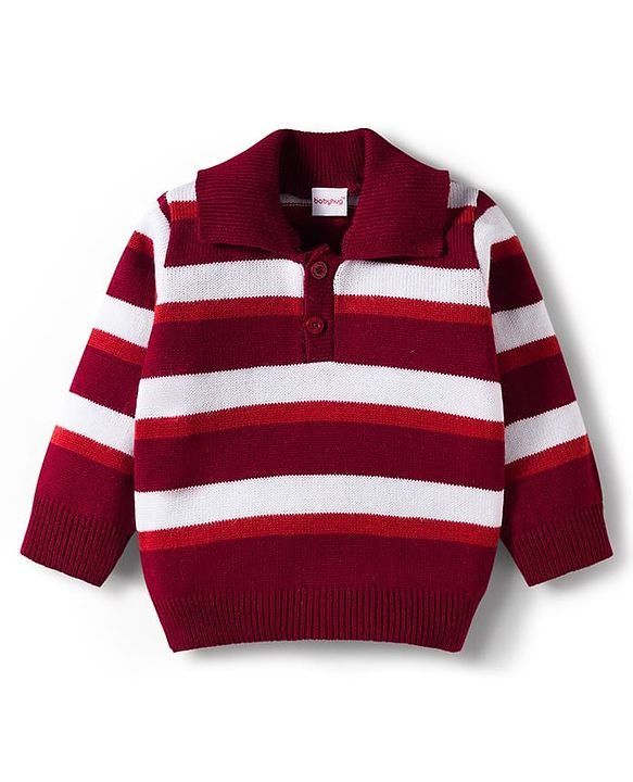 Babyhug Knitted Full Sleeves Striped Sweater Set - Maroon & White