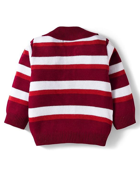 Babyhug Knitted Full Sleeves Striped Sweater Set - Maroon & White