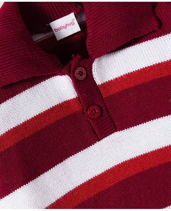 Babyhug Knitted Full Sleeves Striped Sweater Set - Maroon & White