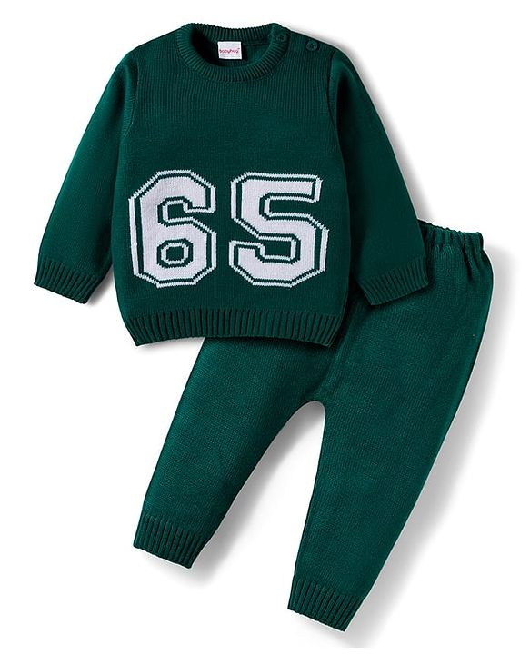 Babyhug Knitted Full Sleeves Sweater Set With Number Design - Dark Green