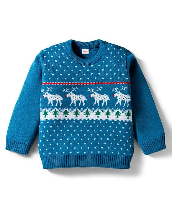 Babyhug Knit Full Sleeves Sweater Set with Christmas Fair Isle Design - Teal Blue