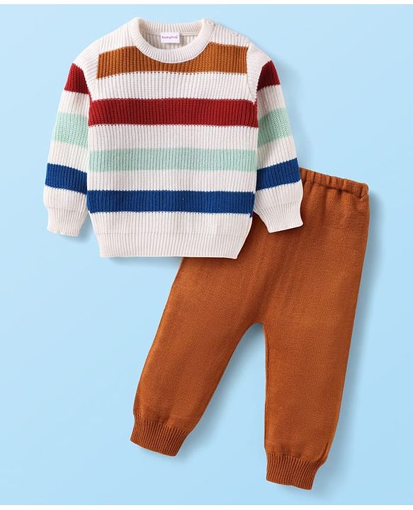 Babyhug Knit Full Sleeves Sweater Set With Stripes - Maroon