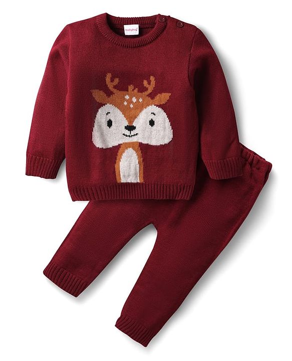 Babyhug Knitted Full Sleeves Sweater Set with Deer Design - Maroon