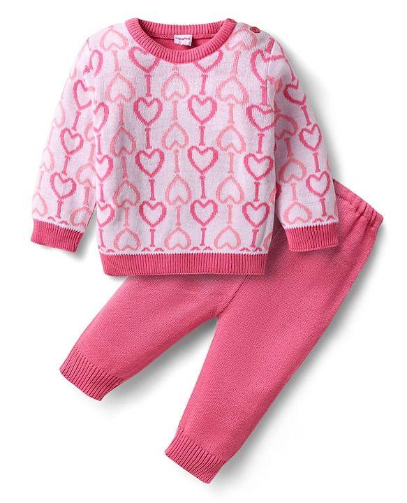 Babyhug Knitted Full Sleeves Sweater Set with Hearts Design - Dark Pink