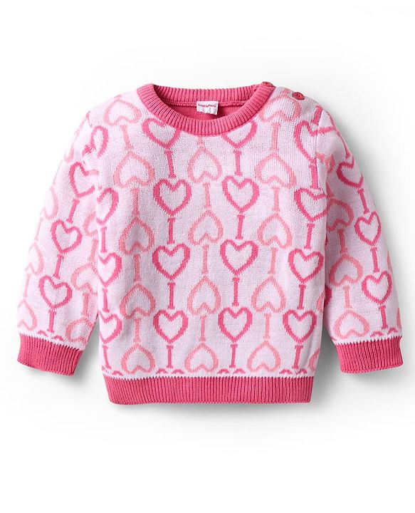 Babyhug Knitted Full Sleeves Sweater Set with Hearts Design - Dark Pink
