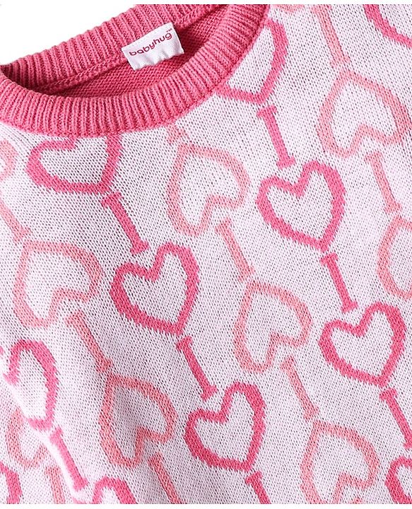 Babyhug Knitted Full Sleeves Sweater Set with Hearts Design - Dark Pink