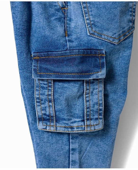 Babyhug Full Length Denim Jeans With Stretch & Text Embroidery - Blue