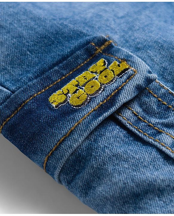 Babyhug Full Length Denim Jeans With Stretch & Text Embroidery - Blue