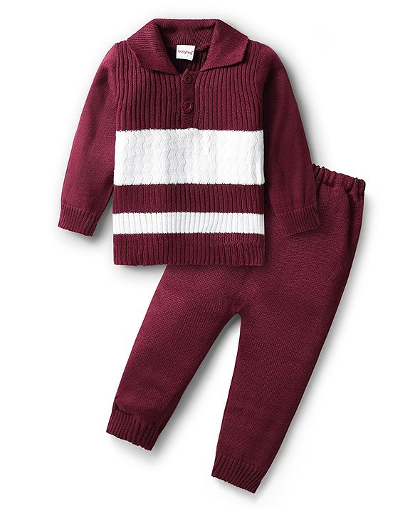 Babyhug Knitted Full Sleeves Pullover   Sweater Set with Intarsia Design - Teal Blue