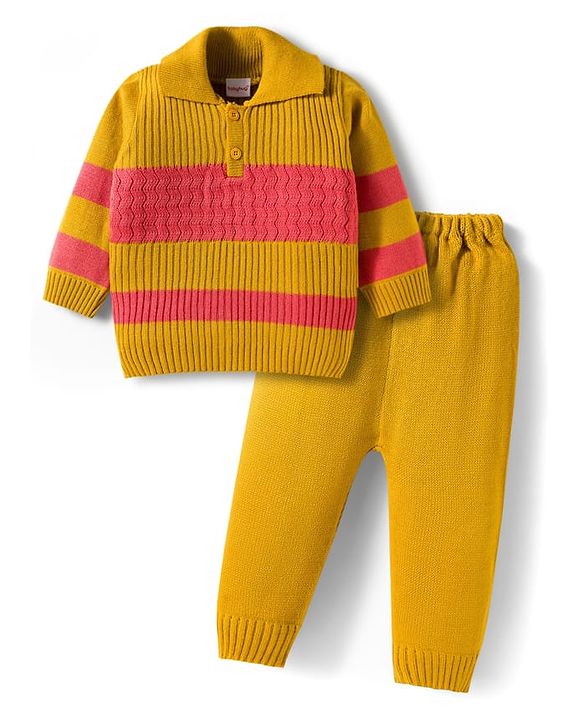 Babyhug Knitted Full Sleeves Striped Sweater Set - Mustard & Rust Orange
