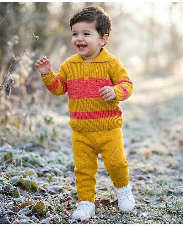 Babyhug Knitted Full Sleeves Striped Sweater Set - Mustard & Rust Orange