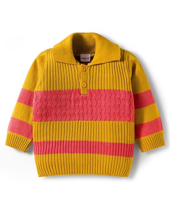 Babyhug Knitted Full Sleeves Striped Sweater Set - Mustard & Rust Orange