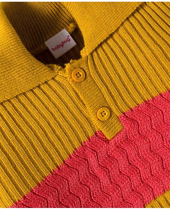 Babyhug Knitted Full Sleeves Striped Sweater Set - Mustard & Rust Orange