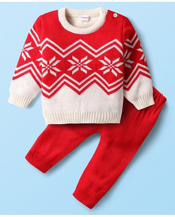 Babyhug Knitted Full Sleeves Sweater Set With Chevron Design - Red & White