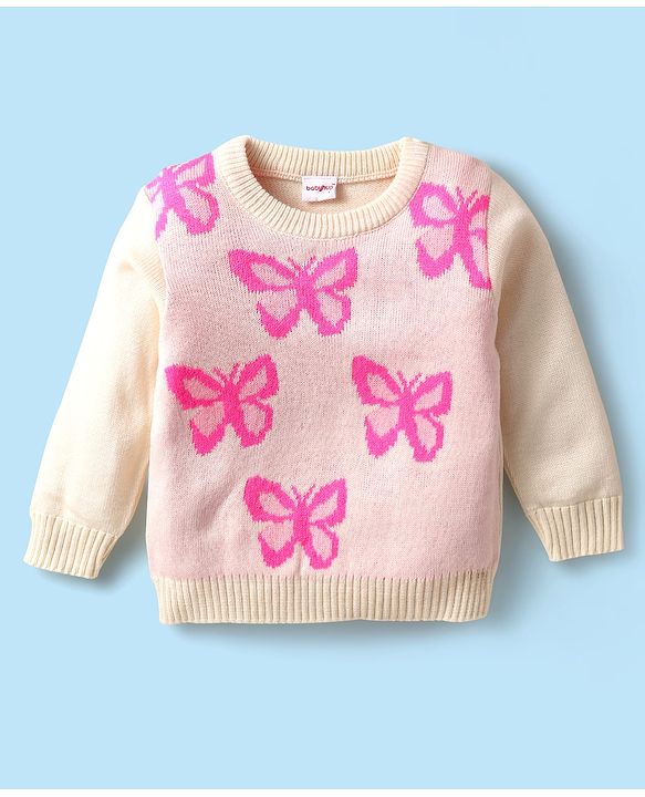 Babyhug Knitted Full Sleeves Sweater Set With Butterfly Design - White & Pink