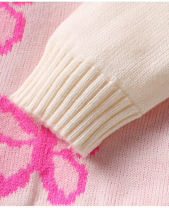 Babyhug Knitted Full Sleeves Sweater Set With Butterfly Design - White & Pink