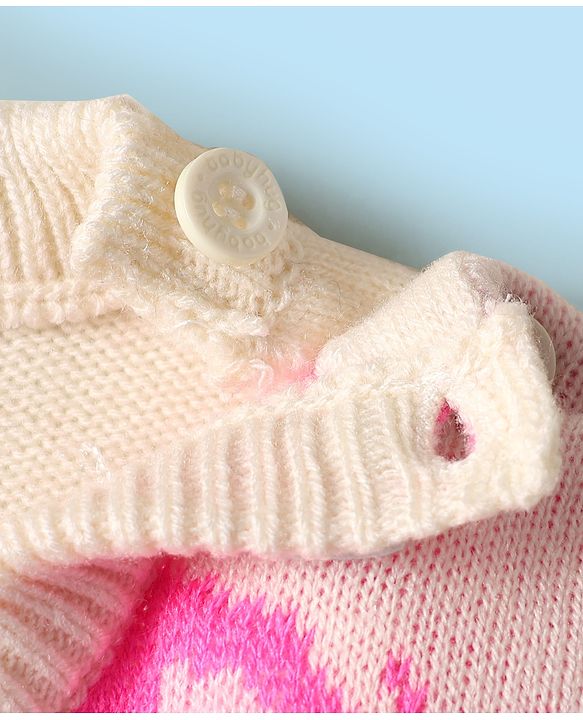 Babyhug Knitted Full Sleeves Sweater Set With Butterfly Design - White & Pink
