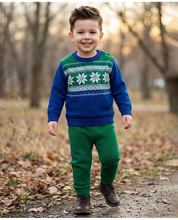 Babyhug Knitted Full Sleeves Sweater Set With Floral Design - Blue & Green